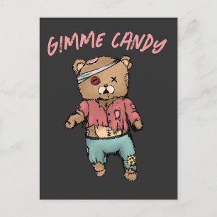 Cute Pink Teddy Bear Zombie Gimme Candy Halloween Postcard