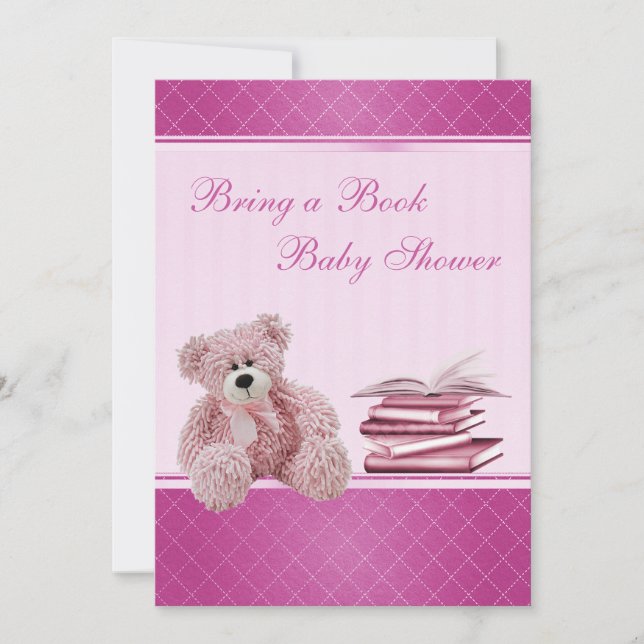 Cute Pink Teddy Elegant Bring a Book Baby Shower Invitation (Front)