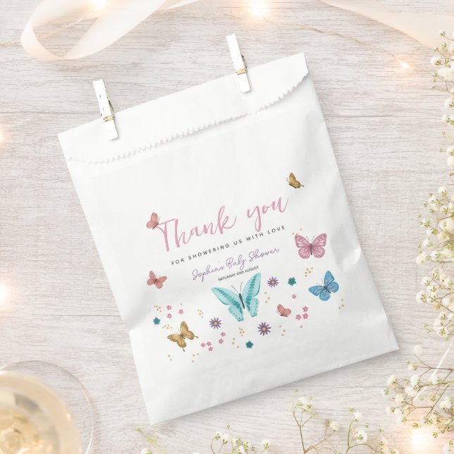 Cute Pink Thank You Butterfly Girls Baby Shower Favour Bag (Clipped)