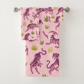 Cute Pink Tigers Tropical Leaves Abstract Animal