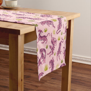 Cute Pink Tigers Tropical Leaves Abstract Animal Short Table Runner