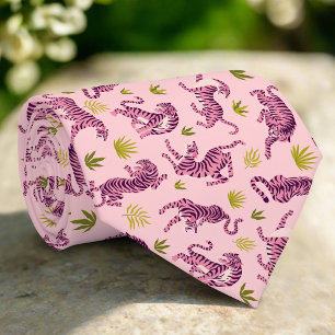Cute Pink Tigers Tropical Leaves Abstract Animal Tie