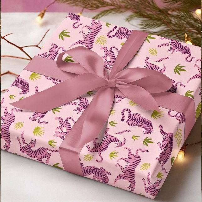 Cute Pink Tigers Tropical Leaves Abstract Animal Wrapping Paper (Creator Uploaded)