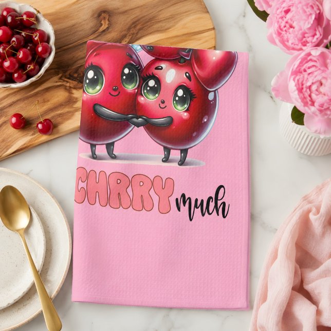 Cute Pink Trendy Red Cherry Couple Kitchen Towel (Cute kitchen towel. )