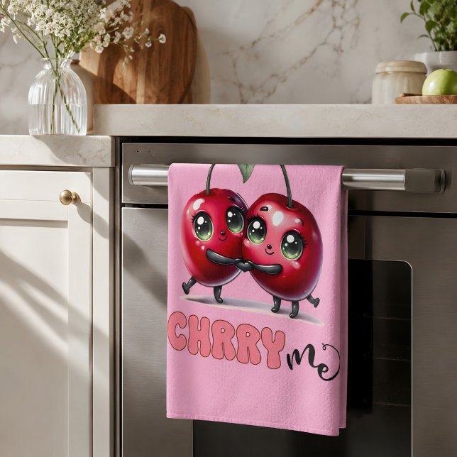 Cute Pink Trendy Red Cherry Couple Kitchen Towel (Kitchen towel 
)