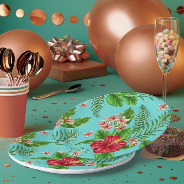 Cute Pink Tropical Hibiscus Flower On Turquoise Paper Plate (Multi)