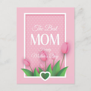 Cute Pink Tulip and White Hearts Mother's Day Holiday Postcard