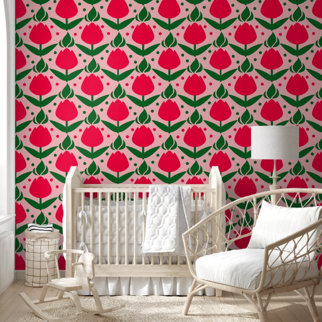 Cute Pink Tulip Flower Pattern Wallpaper (Kids)