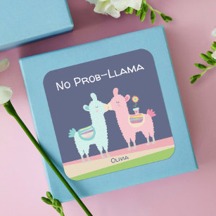Cute pink turquoise llamas kissing kawaii school square sticker