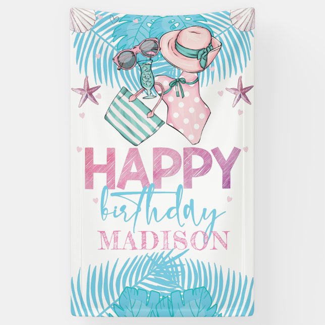 Cute Pink Turquoise Summer Pool Birthday Banner (Vertical)