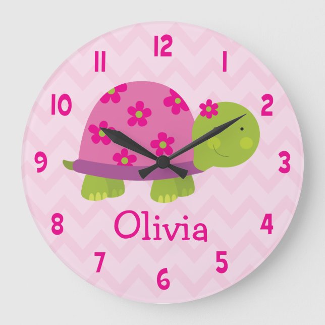 Cute Pink Turtle Personalized Nursery Wall Clock (Front)