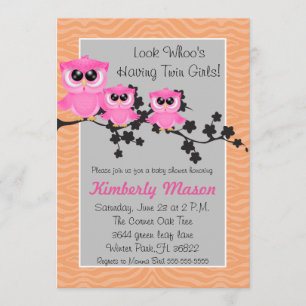 Cute Pink Twin Girl Owl Baby Shower Invitation