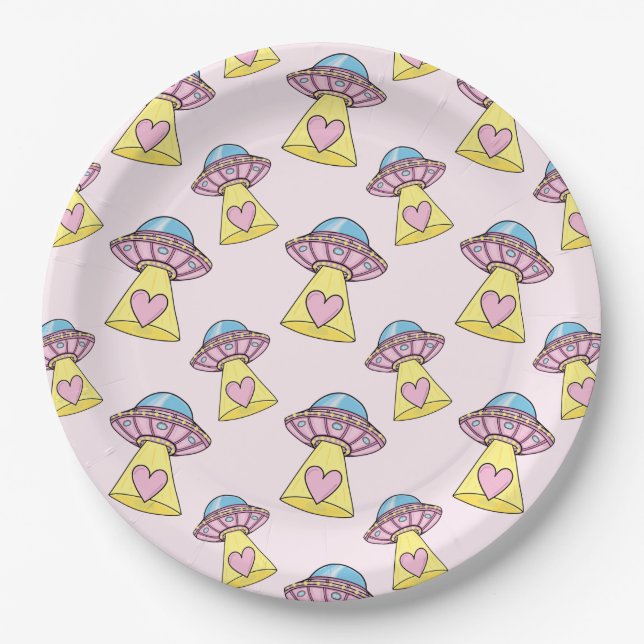 Cute Pink UFO Pattern Paper Plate (Front)