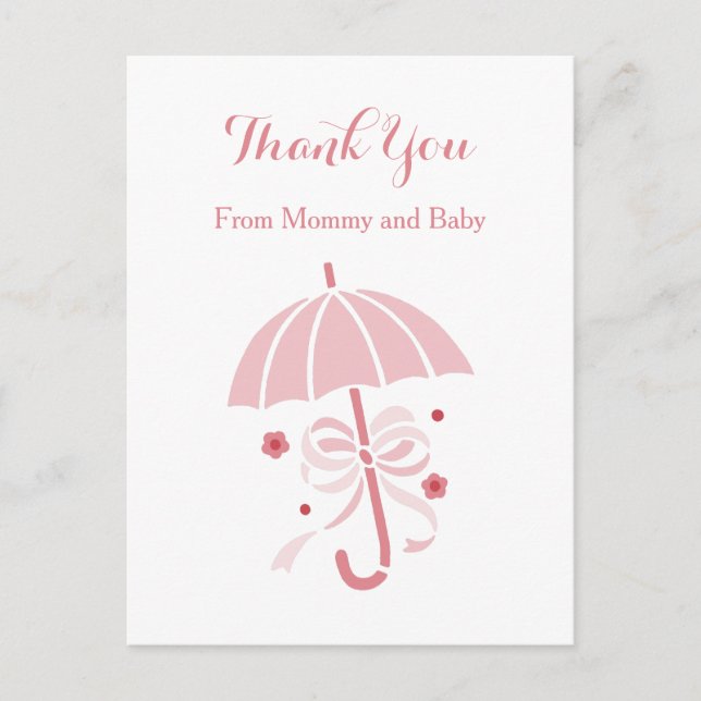 Cute Pink Umbrella and Bow Baby Shower Thank You Postcard (Front)