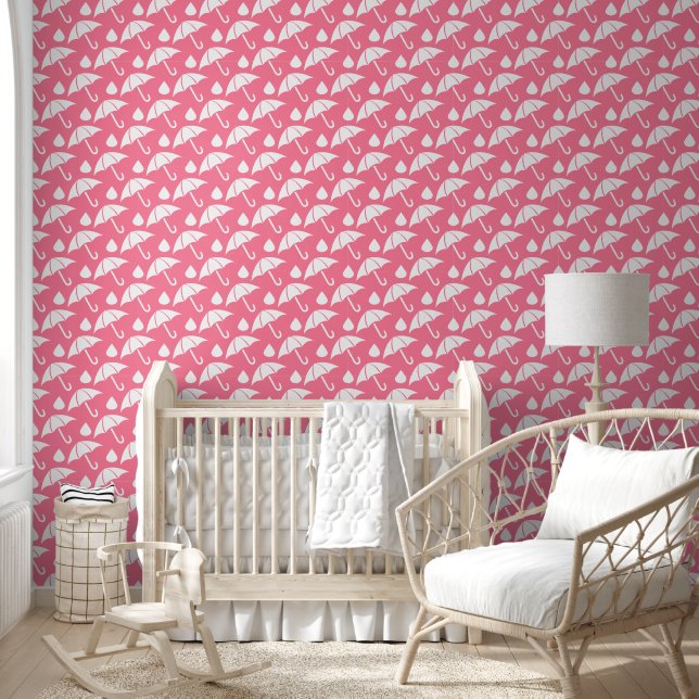 Cute Pink Umbrella and Raindrops Pattern Wallpaper (Kids)