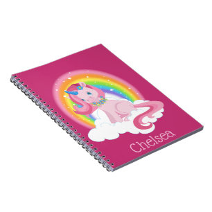 Cute Pink Unicorn and Rainbow Personalized Notebook