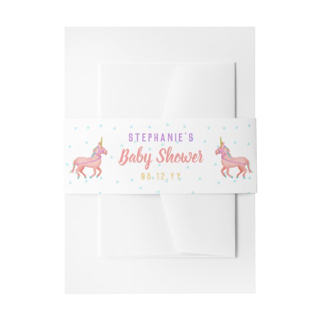 Cute Pink Unicorn and Stars Baby Shower Invitation Belly Band (Front Example)
