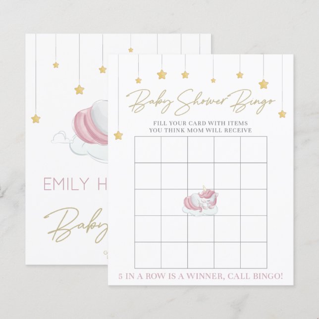 Cute Pink Unicorn Baby Shower Bingo Game (Front/Back)