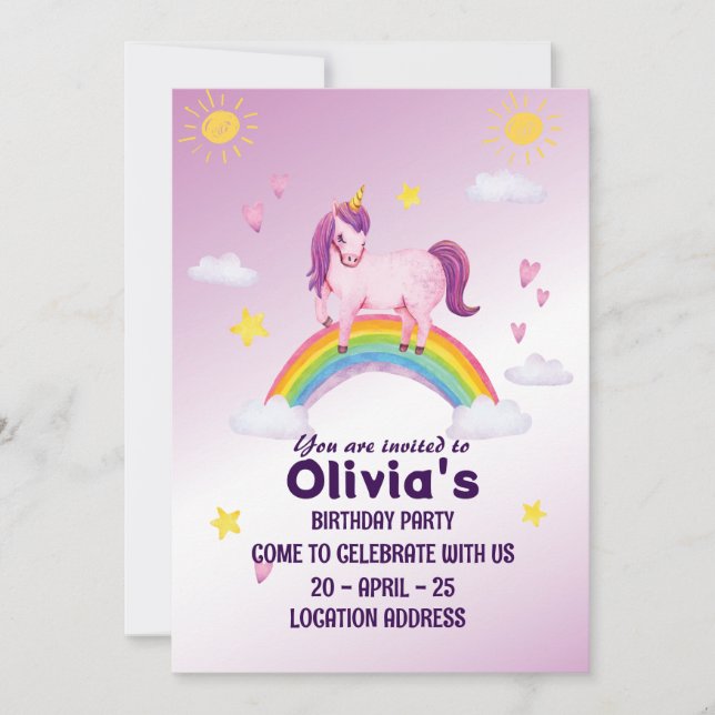 Cute Pink Unicorn Birthday Invitation (Front)