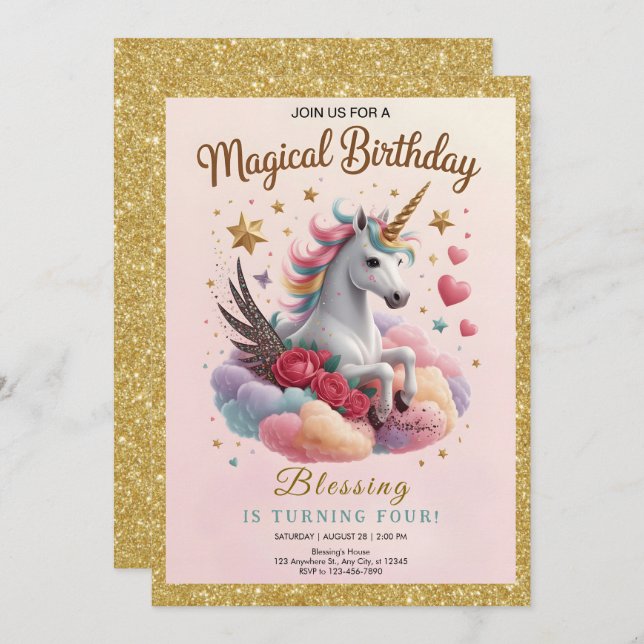 Cute Pink Unicorn Birthday Invitation (Front/Back)