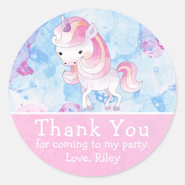 Cute Pink Unicorn Birthday Thank You Classic Round Sticker (Front)