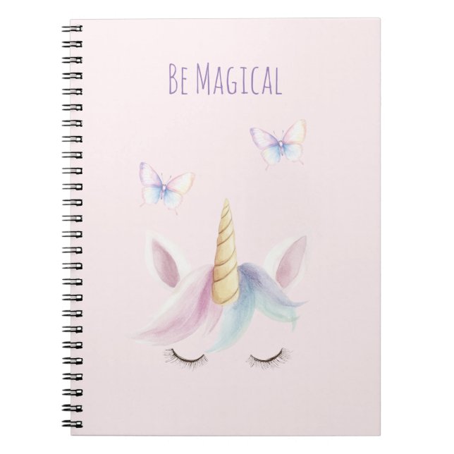 Cute Pink Unicorn Butterflies Face Be Magical Notebook (Front)