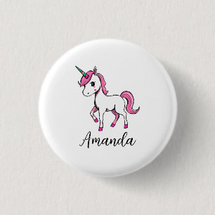 Cute Pink Unicorn Cartoon Name 1 Inch Round Button