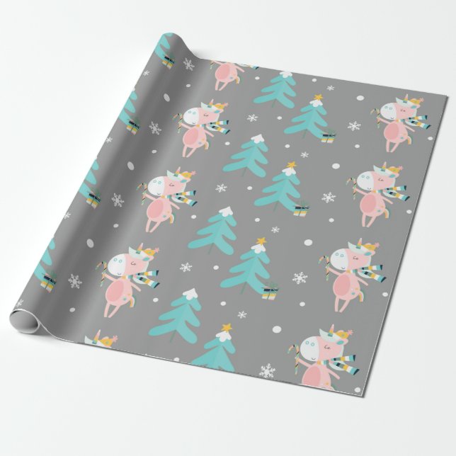 Cute Pink Unicorn Christmas Tree Pattern Wrapping Paper (Unrolled)