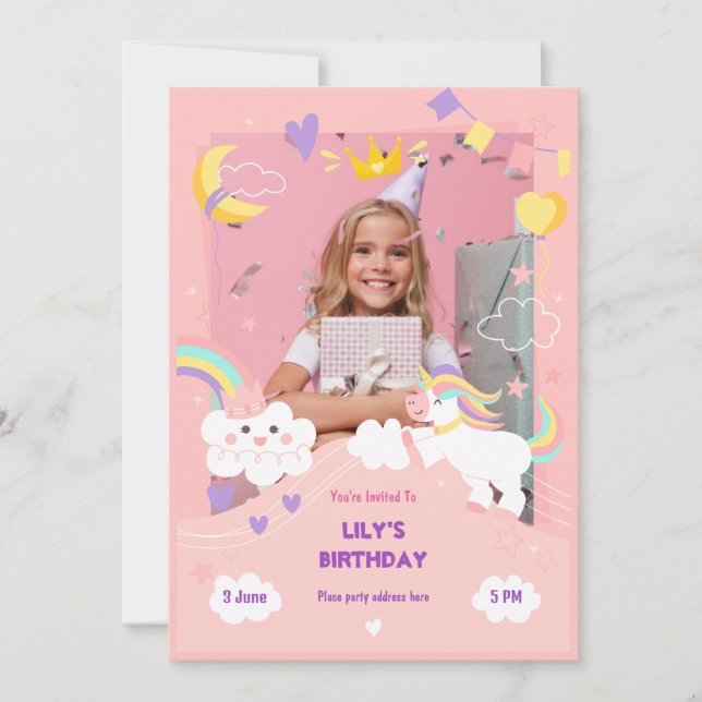 Cute pink unicorn custom photo birthday invitation (Front)