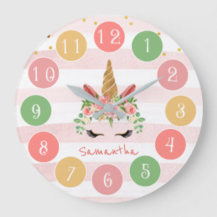 Cute Pink Unicorn Face with Flowers Large Clock