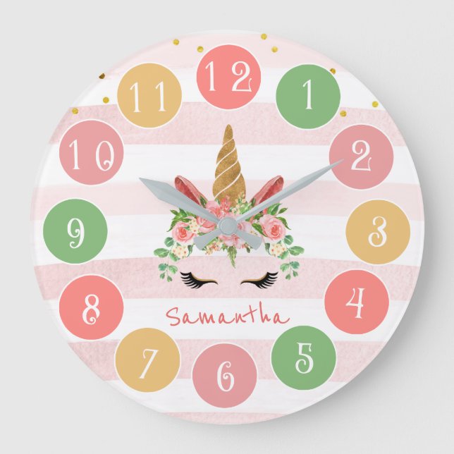Cute Pink Unicorn Face with Flowers Large Clock (Front)