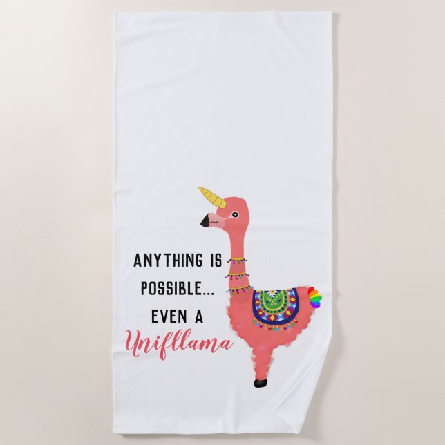 Cute Pink Unicorn Flamingo Llama Inspiring Quote Beach Towel (Front)