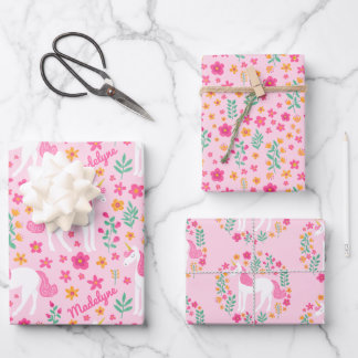 Cute Pink Unicorn Flower Pattern Personalized Name Wrapping Paper Sheet