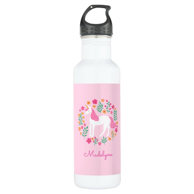 Cute Pink Unicorn Flowers Personalized Name 710 Ml Water Bottle (Front)