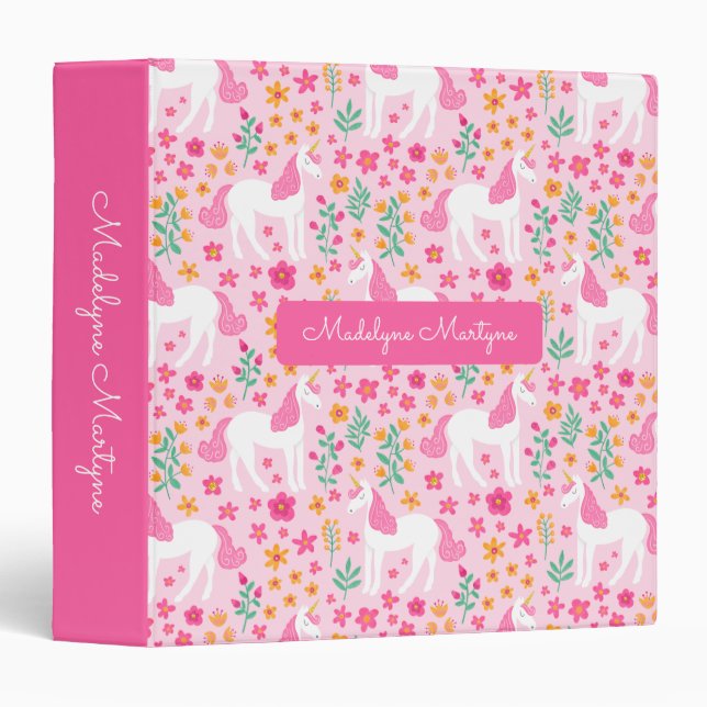 Cute Pink Unicorn Flowers Personalized Name Binder (Front/Spine)