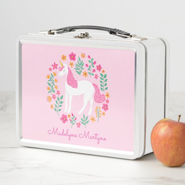 Cute Pink Unicorn Flowers Personalized Name Metal Lunch Box (In Situ)
