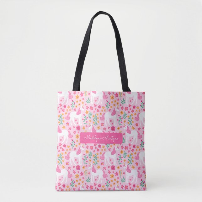 Cute Pink Unicorn Flowers Personalized Name Tote Bag (Front)