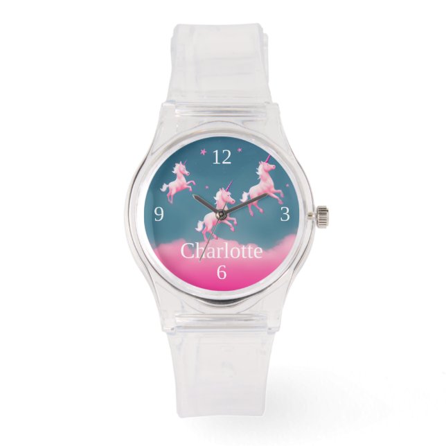 Cute Pink Unicorn Flying Personalized Silicone Watch (Front)