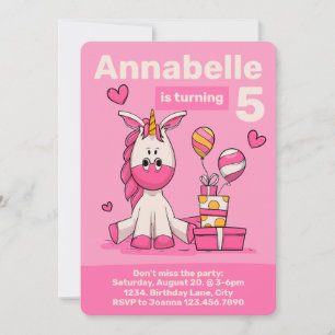 Cute Pink Unicorn Girl Birthday Party Invitation