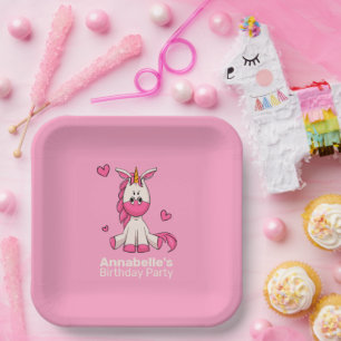 Cute Pink Unicorn Girl Birthday Party Paper Plate