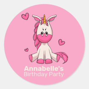 Cute Pink Unicorn Girl Birthday Party Sticker