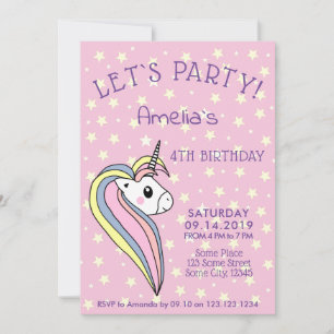 Cute Pink Unicorn Girly Kids Birthday Invitation
