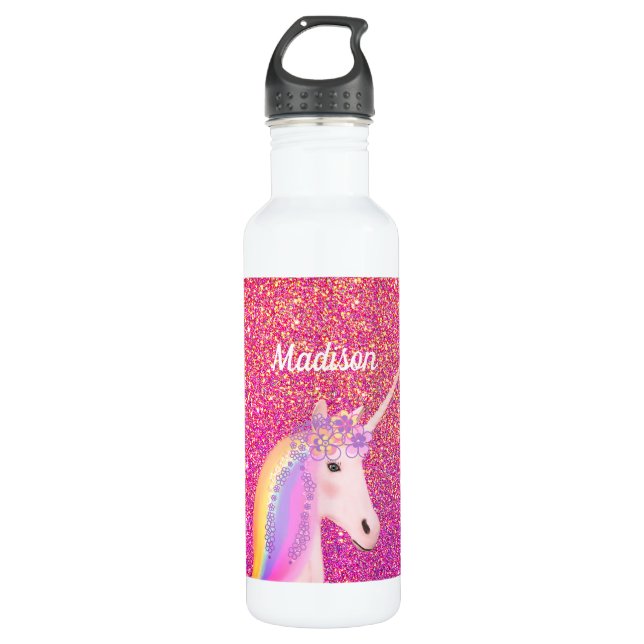 Cute Pink Unicorn Glitter Personalized Kids  710 Ml Water Bottle (Front)