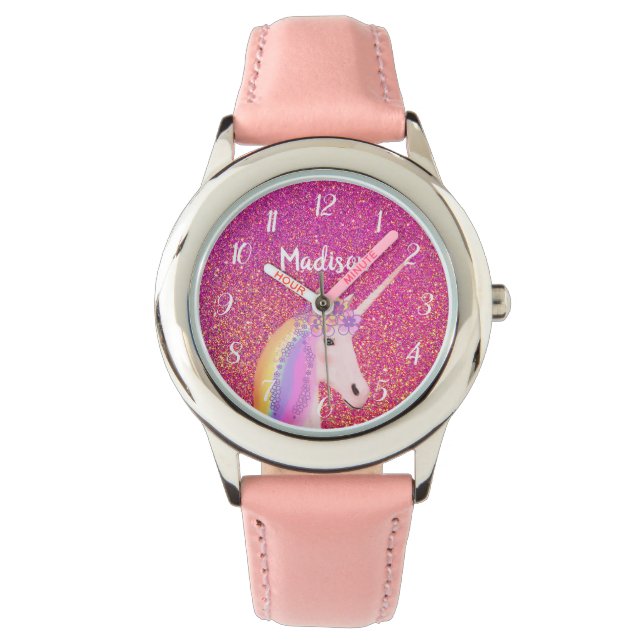 Cute Pink Unicorn Glitter Personalized Kids Watch (Front)