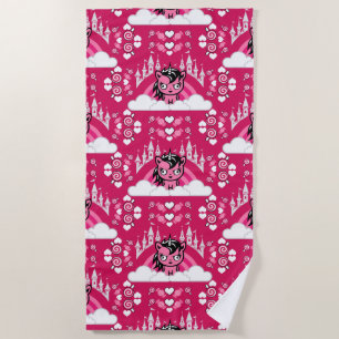 Cute Pink Unicorn Land And Castle  Beach Towel