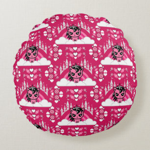 Cute Pink Unicorn Land And Castle  Round Pillow