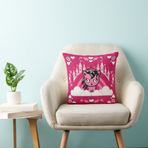 Cute Pink Unicorn Land And Castle  Throw Pillow