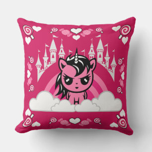 Cute Pink Unicorn Land And Castle  Throw Pillow
