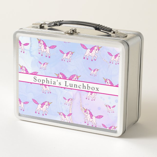 Cute pink unicorn pattern personalized name metal lunch box (Front)