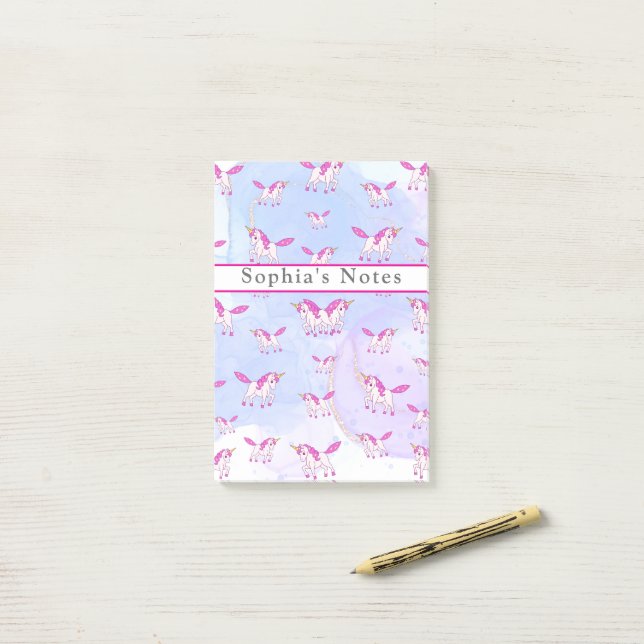 Cute pink unicorn pattern personalized name post-it notes (On Desk)